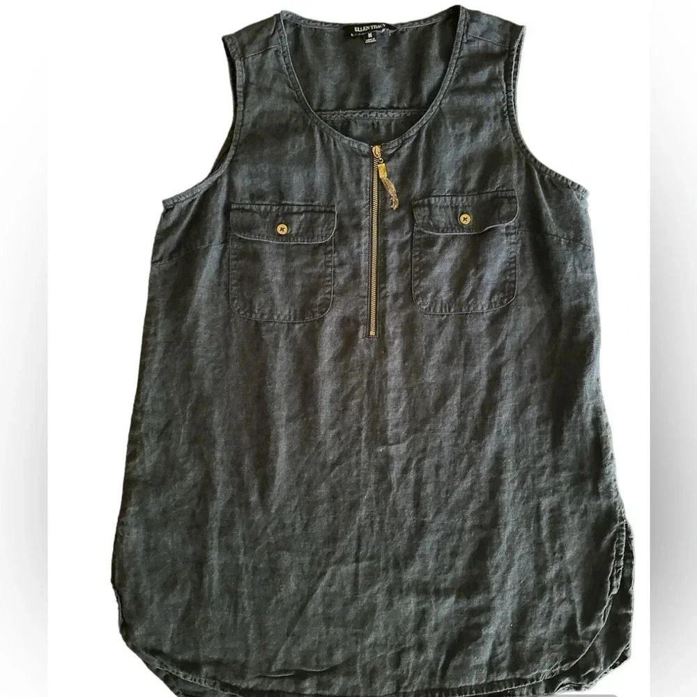 Ellen Tracy Sleeveless Linen Blue Medium Top